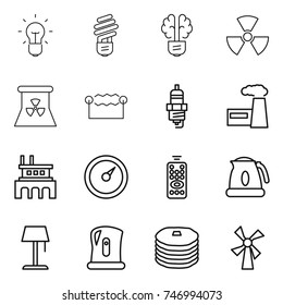 thin line icon set : bulb, brain, nuclear, power, electrostatic, spark plug, factory, barometer, remote control, kettle, floor lamp, pancakes, windmill