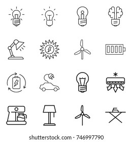 thin line icon set : bulb, brain, table lamp, sun power, windmill, battery, charge, electric car, air conditioning, coffee maker, floor, iron board