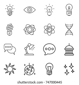 thin line icon set : bulb, eye, atom, dna, discussion, table lamp, balloon, goverment house, sun, disco ball, shining