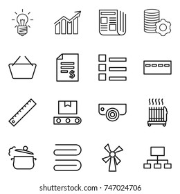 thin line icon set : bulb, diagram, newspaper, virtual mining, basket, account balance, list, bunker, ruler, transporter tape, surveillance camera, radiator, steam pan, towel, windmill, hierarchy