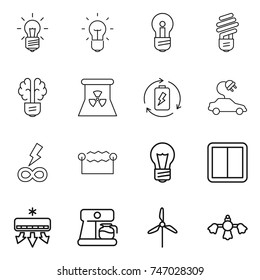 thin line icon set : bulb, brain, nuclear power, battery charge, electric car, infinity, electrostatic, switch, air conditioning, coffee maker, windmill, hard reach place cleaning