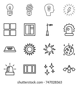 thin line icon set : bulb, head, lightning, window, outdoor light, alarm, taxi, sun, disco ball, shining, hard reach place cleaning