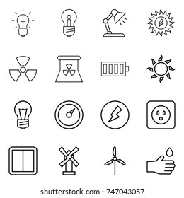 thin line icon set : bulb, table lamp, sun power, nuclear, battery, barometer, electricity, socket, switch, windmill, hand drop