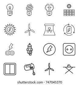 thin line icon set : bulb, brain, sun power, windmill, nuclear, battery charge, infinity, spark plug, electricity, socket, switch, mixer, iron board
