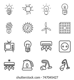 thin line icon set : bulb, chip, sun power, windmill, cpu, tv, air conditioning, socket, kettle, vacuum cleaner