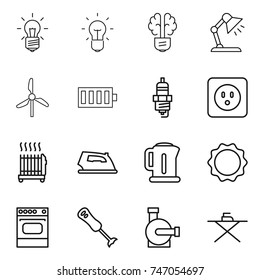 thin line icon set : bulb, brain, table lamp, windmill, battery, spark plug, power socket, radiator, iron, kettle, induction oven, blender, water pump, board