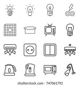 thin line icon set : bulb, infinity power, cpu, electrostatic, tv, air conditioning, socket, switch, kettle, microwave oven, vacuum cleaner