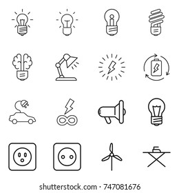 thin line icon set : bulb, brain, table lamp, lightning, battery charge, electric car, infinity power, megafon, socket, windmill, iron board