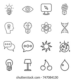 thin line icon set : bulb, eye, monitor arrow, head, brain, atom, dna, discussion, balloon, sun, disco ball, floor lamp, cherry, drop