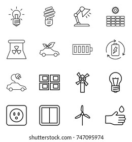 thin line icon set : bulb, table lamp, sun power, nuclear, eco car, battery, charge, electric, panel house, windmill, socket, switch, hand drop