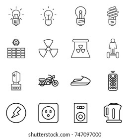 thin line icon set : bulb, sun power, nuclear, hoverboard, crystall memory, motorcycle, jet ski, remote control, electricity, socket, speaker, kettle