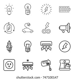 thin line icon set : bulb, lightning, battery, charge, electric car, infinity power, megafon, spark plug, air conditioning, electricity, socket, mixer, coffee maker