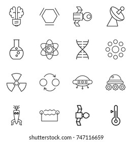 thin line icon set : bulb brain, hex molecule, satellite, antenna, round flask, atom, dna, around, nuclear, quantum bond, ufo, lunar rover, modify, electrostatic, thermometer