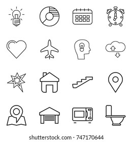 thin line icon set : bulb, circle diagram, calendar, alarm clock, heart, plane, head, cloud service, bang, home, stairs, geo pin, map, garage, microwave oven, toilet
