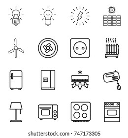 thin line icon set : bulb, lightning, sun power, windmill, cooler fan, socket, radiator, fridge, air conditioning, mixer, floor lamp, grill oven, hob