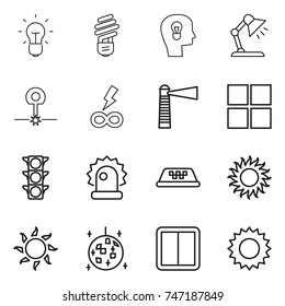 thin line icon set : bulb, head, table lamp, laser, infinity power, lighthouse, window, traffic light, alarm, taxi, sun, disco ball, switch