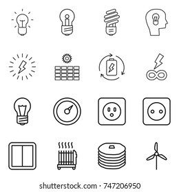 thin line icon set : bulb, head, lightning, sun power, battery charge, infinity, barometer, socket, switch, radiator, pancakes, windmill