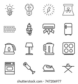 thin line icon set : bulb, brain, lightning, nuclear power, battery, spark plug, air conditioning, fridge, kettle, floor lamp, hob, oven, blender, iron, board