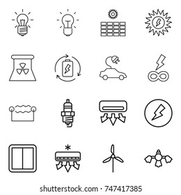 thin line icon set : bulb, sun power, nuclear, battery charge, electric car, infinity, electrostatic, spark plug, air conditioning, electricity, switch, windmill, hard reach place cleaning