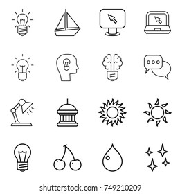 thin line icon set : bulb, boat, monitor arrow, notebook, head, brain, discussion, table lamp, goverment house, sun, cherry, drop, shining