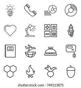 thin line icon set : bulb, phone, diagram, circle, heart, table lamp, calculator, spark plug, copybook, plane shipping, service bell, mixer, honeycombs, fire, beet, acorn
