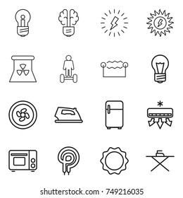 thin line icon set : bulb, brain, lightning, sun power, nuclear, hoverboard, electrostatic, cooler fan, iron, fridge, air conditioning, grill oven, elecric, induction, board