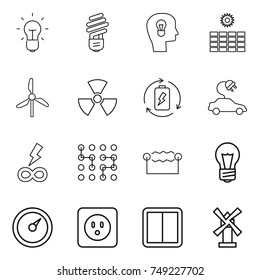 thin line icon set : bulb, head, sun power, windmill, nuclear, battery charge, electric car, infinity, chip, electrostatic, barometer, socket, switch
