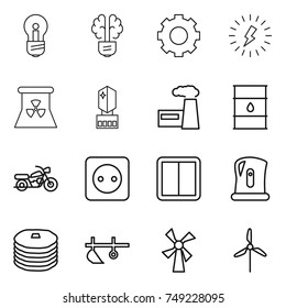 thin line icon set : bulb, brain, gear, lightning, nuclear power, crystall memory, factory, barrel, motorcycle, socket, switch, kettle, pancakes, plow, windmill