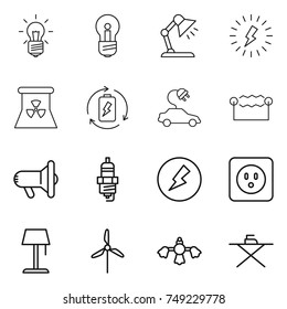 thin line icon set : bulb, table lamp, lightning, nuclear power, battery charge, electric car, electrostatic, megafon, spark plug, electricity, socket, floor, windmill, hard reach place cleaning