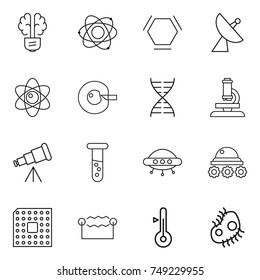 thin line icon set : bulb brain, atom, hex molecule, satellite antenna, cell corection, dna, microscope, telescope, vial, ufo, lunar rover, cpu, electrostatic, thermometer, microb