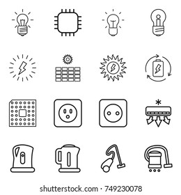 thin line icon set : bulb, chip, lightning, sun power, battery charge, cpu, socket, air conditioning, kettle, vacuum cleaner
