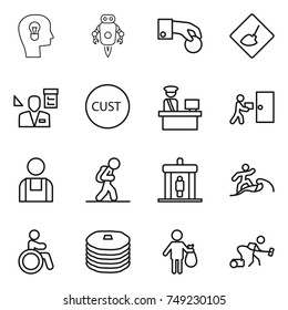 thin line icon set : bulb head, jet robot, hand coin, under construction, architector, customs, control, courier delivery, workman, tourist, detector, surfer, invalid, pancakes, trash