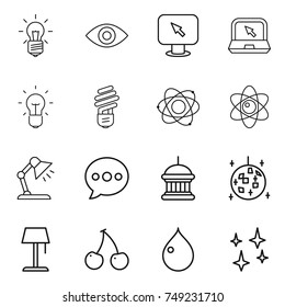 thin line icon set : bulb, eye, monitor arrow, notebook, atom, table lamp, balloon, goverment house, disco ball, floor, cherry, drop, shining