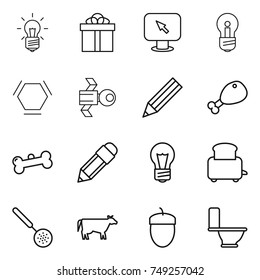 thin line icon set : bulb, gift, monitor arrow, hex molecule, satellite, pencil, chicken leg, bone, toaster, skimmer, cow, acorn, toilet