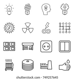 thin line icon set : bulb, head, brain, sun power, nuclear, infinity, chip, panel house, gas station, socket, switch, radiator, pancakes, factory, hand drop