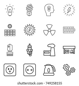 thin line icon set : bulb, head, lightning, sun power, nuclear, battery, crystall memory, spark plug, factory, gas station, socket, kettle, gears