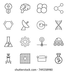 thin line icon set : bulb brain, atom core, molecule, hex, satellite antenna, cell corection, dna, flask, round around, laser, lunar rover, modify, cpu, electrostatic, chemical