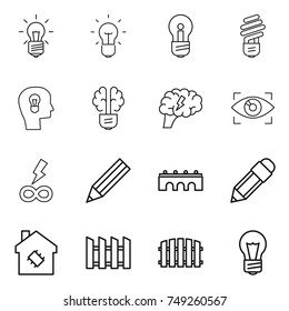 thin line icon set : bulb, head, brain, eye identity, infinity power, pencil, bridge, smart house, fence