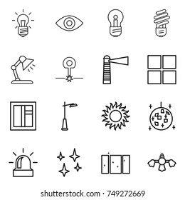thin line icon set : bulb, eye, table lamp, laser, lighthouse, window, outdoor light, sun, disco ball, alarm, shining, clean, hard reach place cleaning