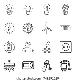 thin line icon set : bulb, lightning, sun power, windmill, battery, charge, electric car, infinity, socket, air conditioning, microwave oven, vacuum cleaner