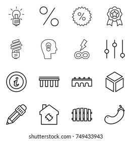 thin line icon set : bulb, percent, medal, head, infinity power, equalizer, info, bridge, 3d, pencil, smart house, fence, eggplant