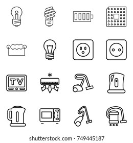 thin line icon set : bulb, battery, cpu, electrostatic, power socket, tv, air conditioning, vacuum cleaner, kettle, microwave oven