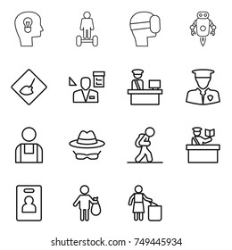 thin line icon set : bulb head, hoverboard, virtual mask, jet robot, under construction, architector, customs control, security man, workman, confidential, tourist, inspector, identity card, trash