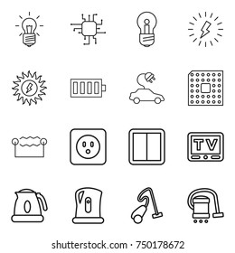 thin line icon set : bulb, chip, lightning, sun power, battery, electric car, cpu, electrostatic, socket, switch, tv, kettle, vacuum cleaner