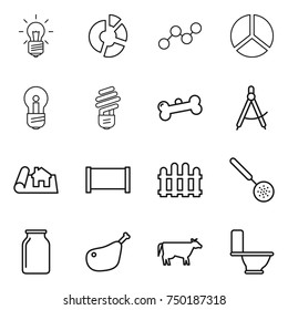 thin line icon set : bulb, circle diagram, graph, bone, draw compass, project, fence, skimmer, bank, chicken leg, cow, toilet