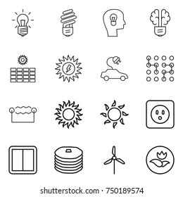 thin line icon set : bulb, head, brain, sun power, electric car, chip, electrostatic, socket, switch, pancakes, windmill, ecology