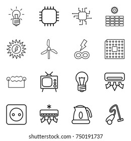 thin line icon set : bulb, chip, sun power, windmill, infinity, cpu, electrostatic, tv, air conditioning, socket, kettle, vacuum cleaner