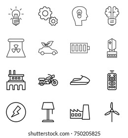 thin line icon set : bulb, gear, head, brain, nuclear power, eco car, battery, crystall memory, factory, motorcycle, jet ski, remote control, electricity, floor lamp, windmill