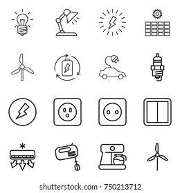 thin line icon set : bulb, table lamp, lightning, sun power, windmill, battery charge, electric car, spark plug, electricity, socket, switch, air conditioning, mixer, coffee maker