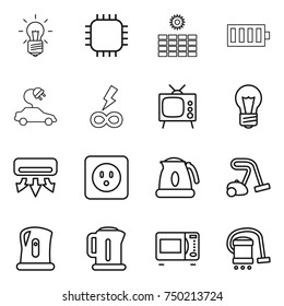 thin line icon set : bulb, chip, sun power, battery, electric car, infinity, tv, air conditioning, socket, kettle, vacuum cleaner, microwave oven